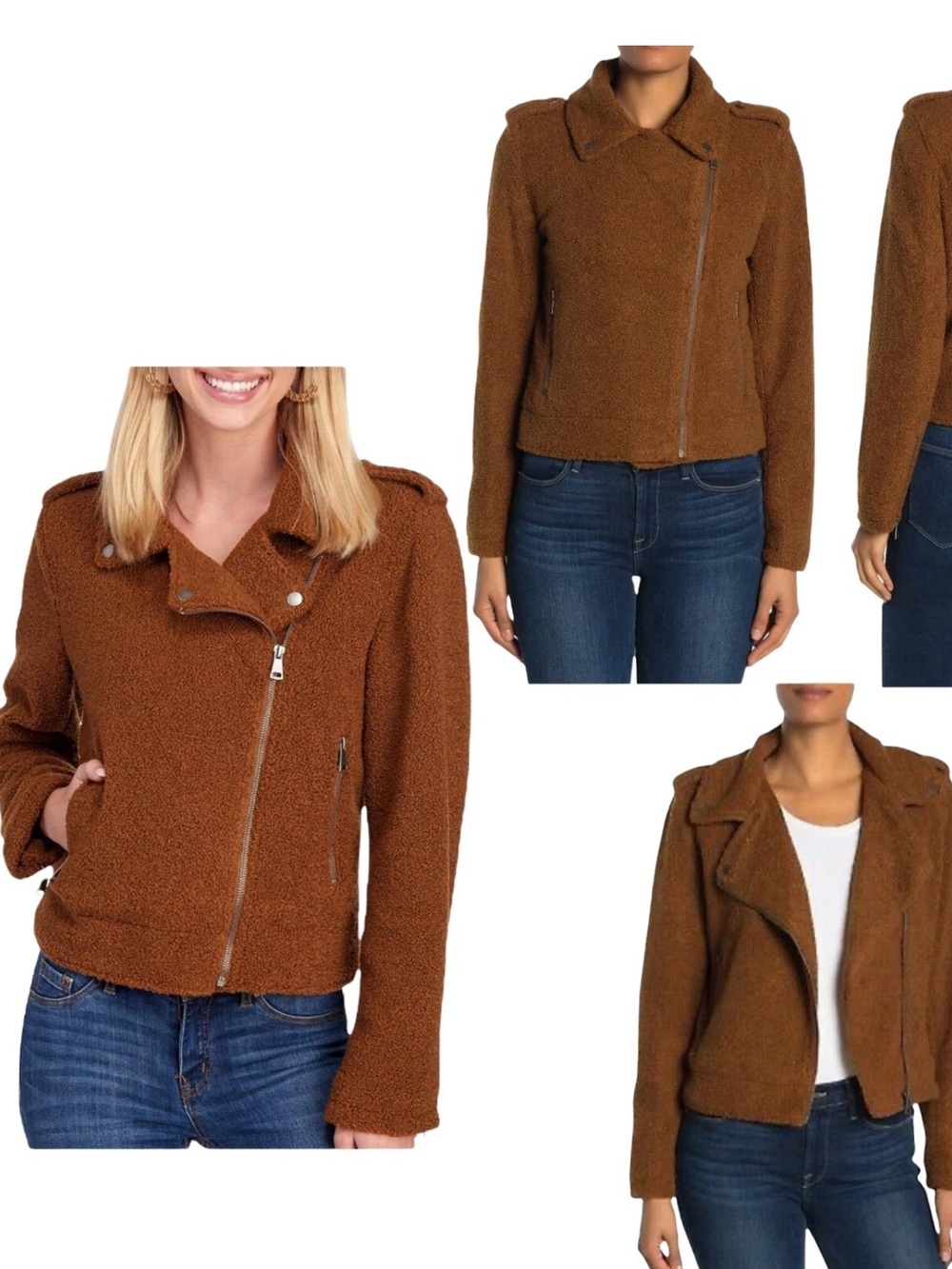 Max Studio Brown Teddy Faux-Shearling Moto Jacket Zipper Details Large